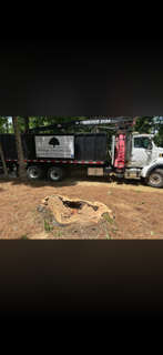 Stump area with wood chips and a Heritage truck in the background